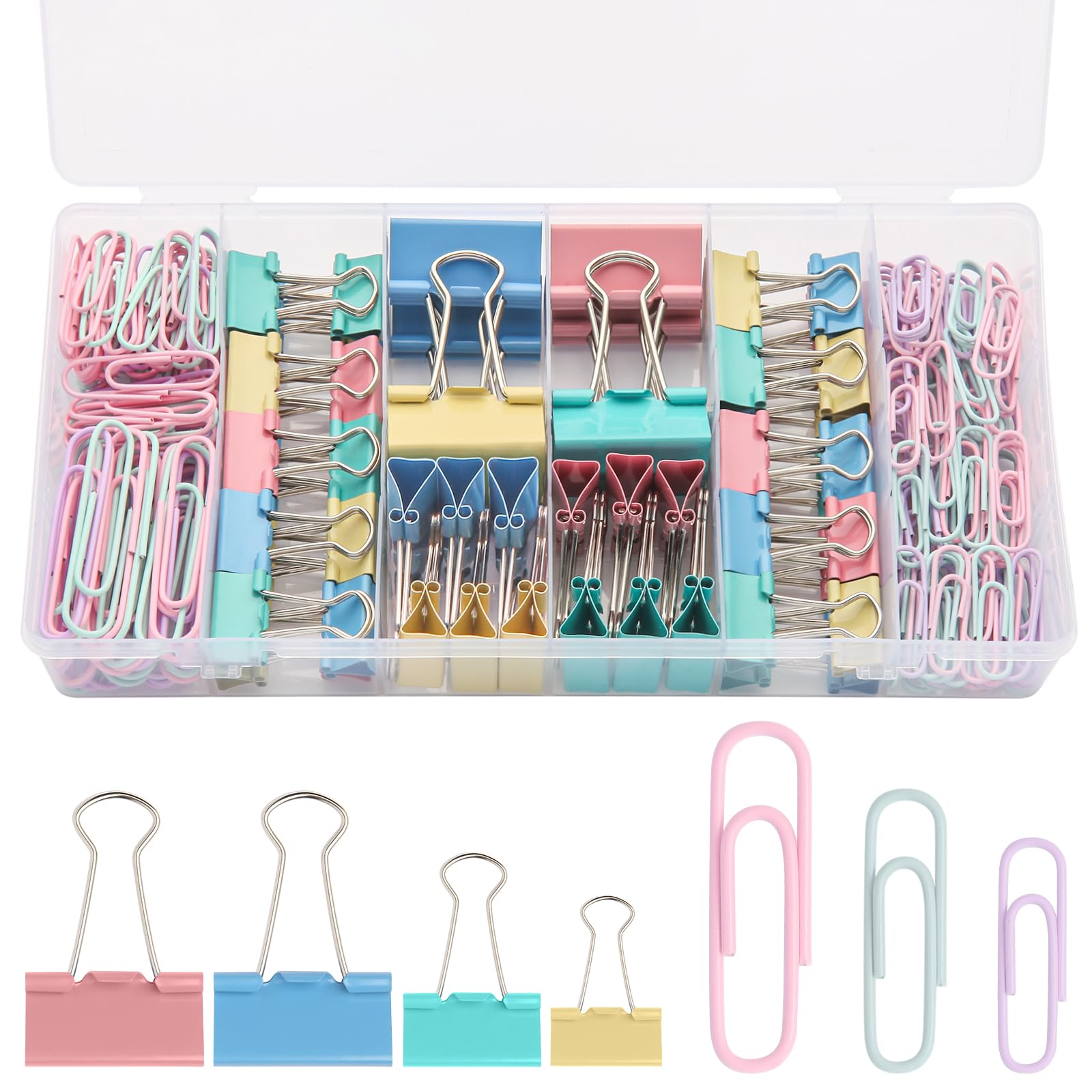 Assorted Colored Paper and Binder Clips with Storage