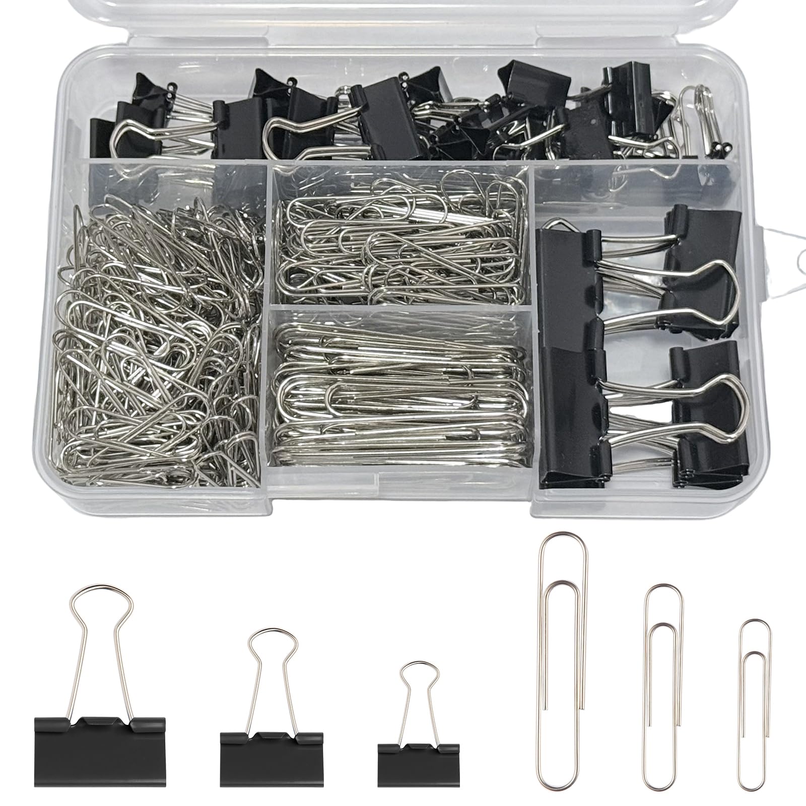 Assorted Colored Paper and Binder Clips with Storage